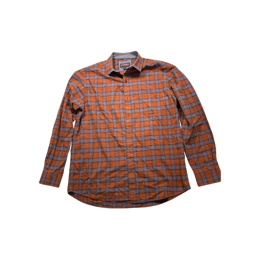 JOHNSON‎ AND MURPHY Shirt Button Up Men Large Blue Orange Flip Cuff Cotton (299)